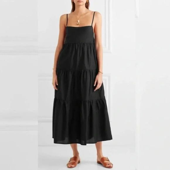 Matteau Tiered Maxi  Long Cotton Square Neck Sundress Black Sz 10 - Picture 3 of 10